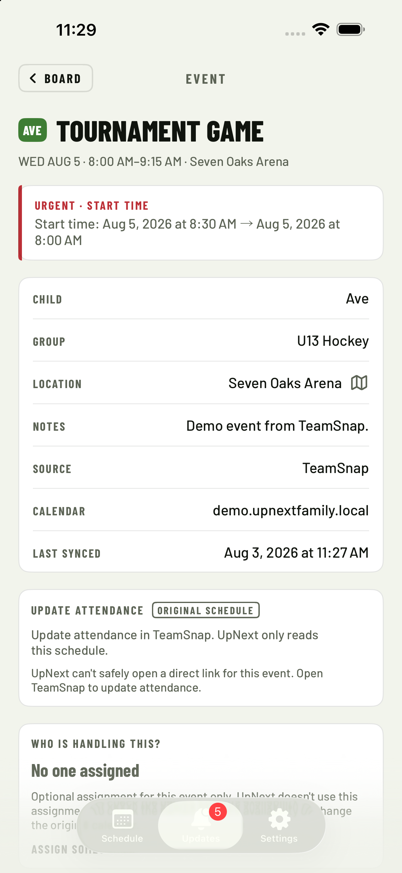 Reviewed synthetic UpNext Family Event Detail capture showing the source calendar attendance update action
