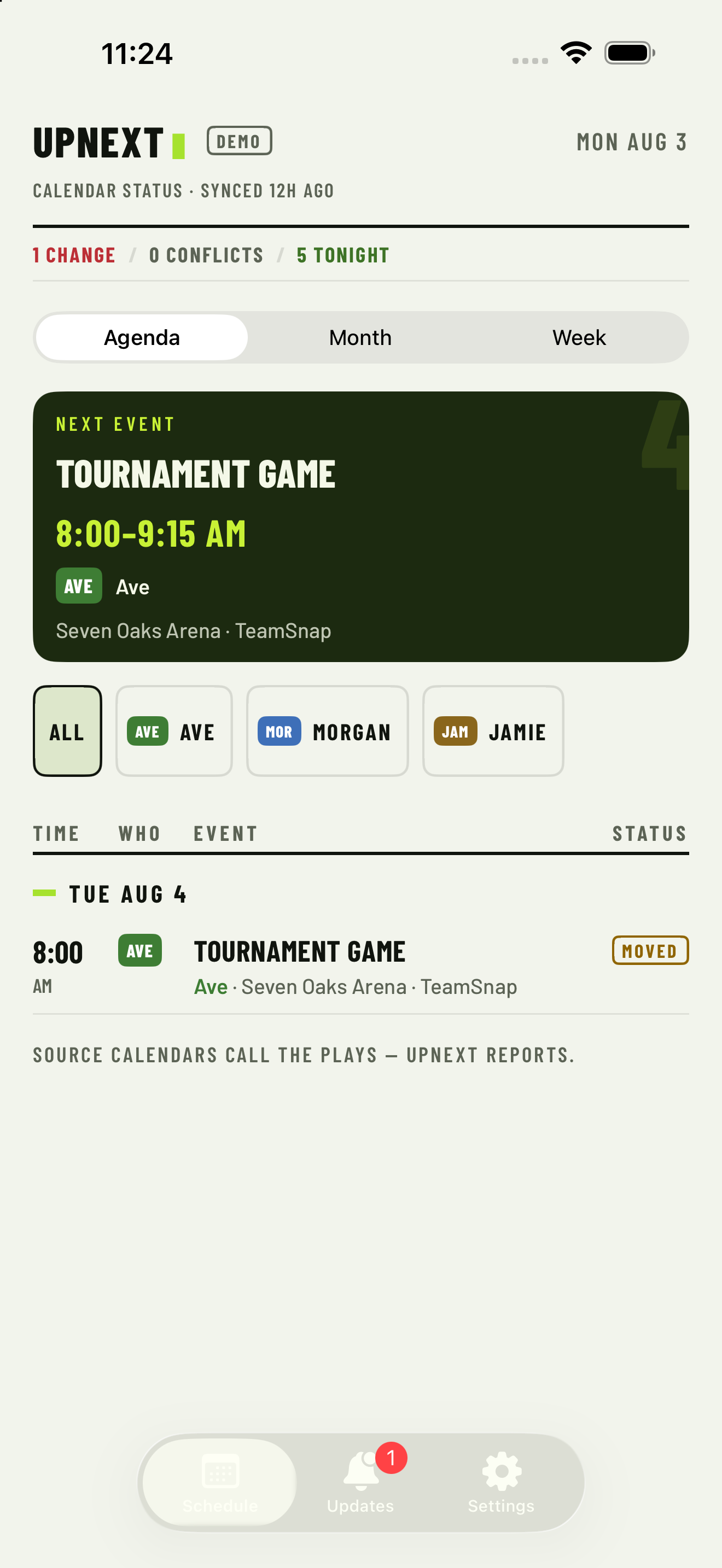 Reviewed synthetic UpNext Family Schedule capture showing one moved event, no current conflicts, five events tonight, and three fictional family schedules