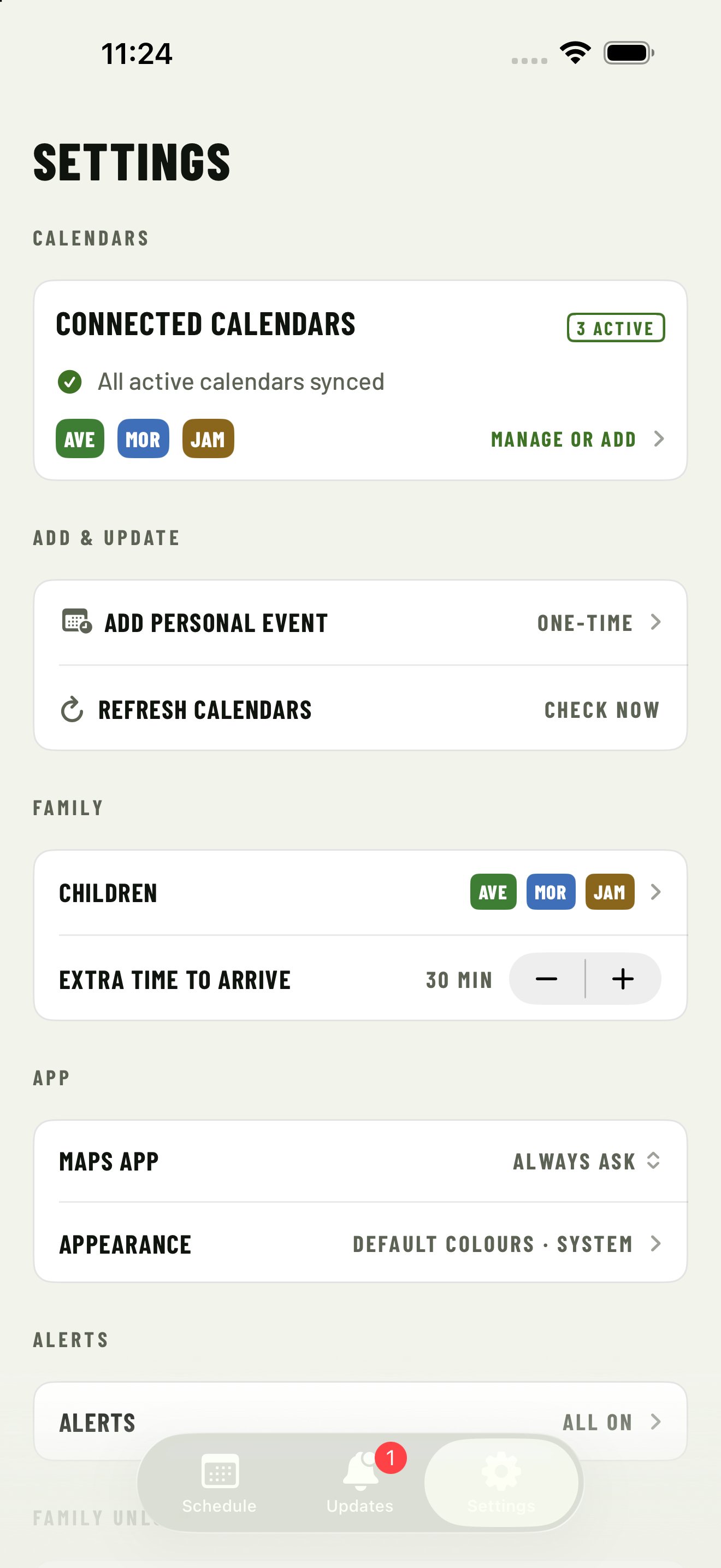 Reviewed synthetic UpNext Family Settings capture showing connected calendars and local calendar tools