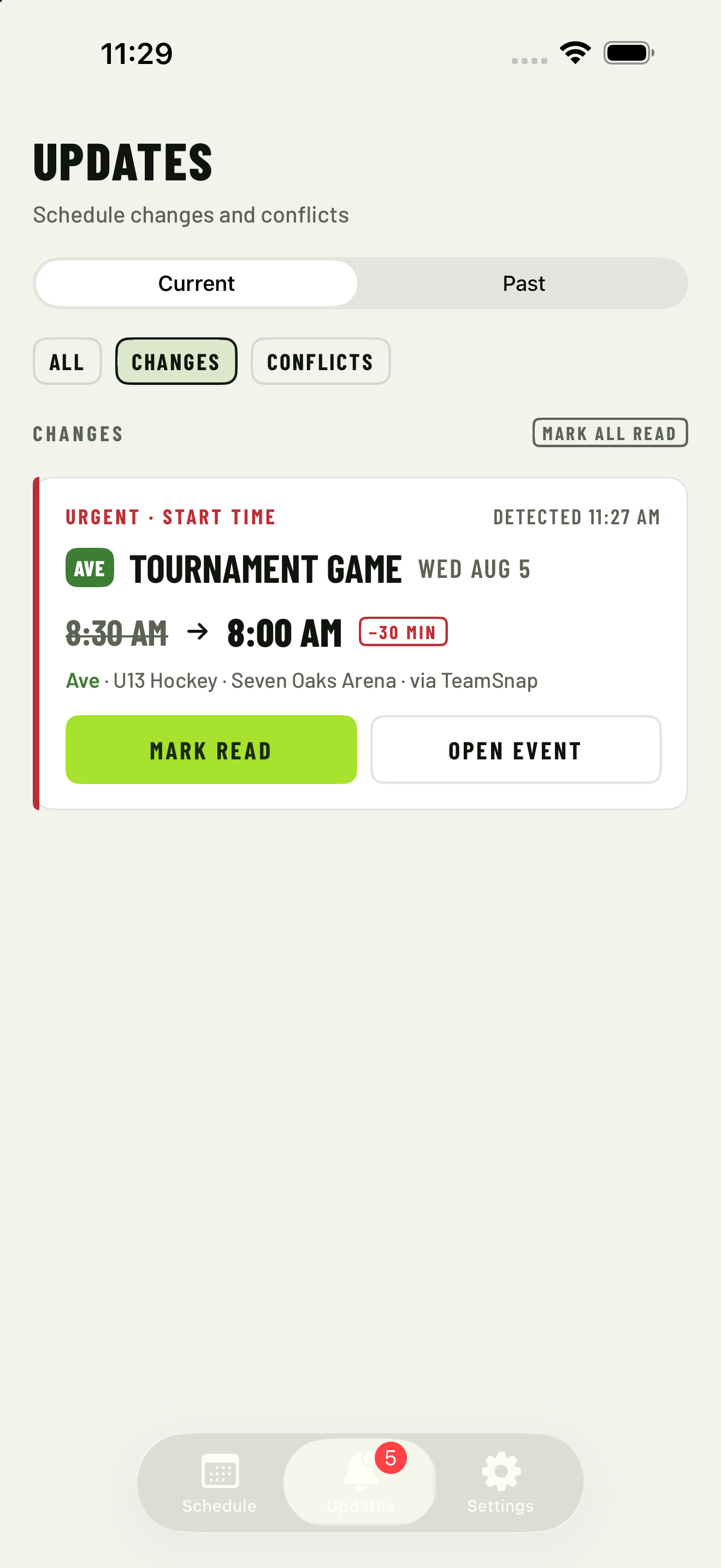 Reviewed synthetic UpNext Family Updates capture showing a fictional hockey start-time change from 8:30 AM to 8:00 AM
